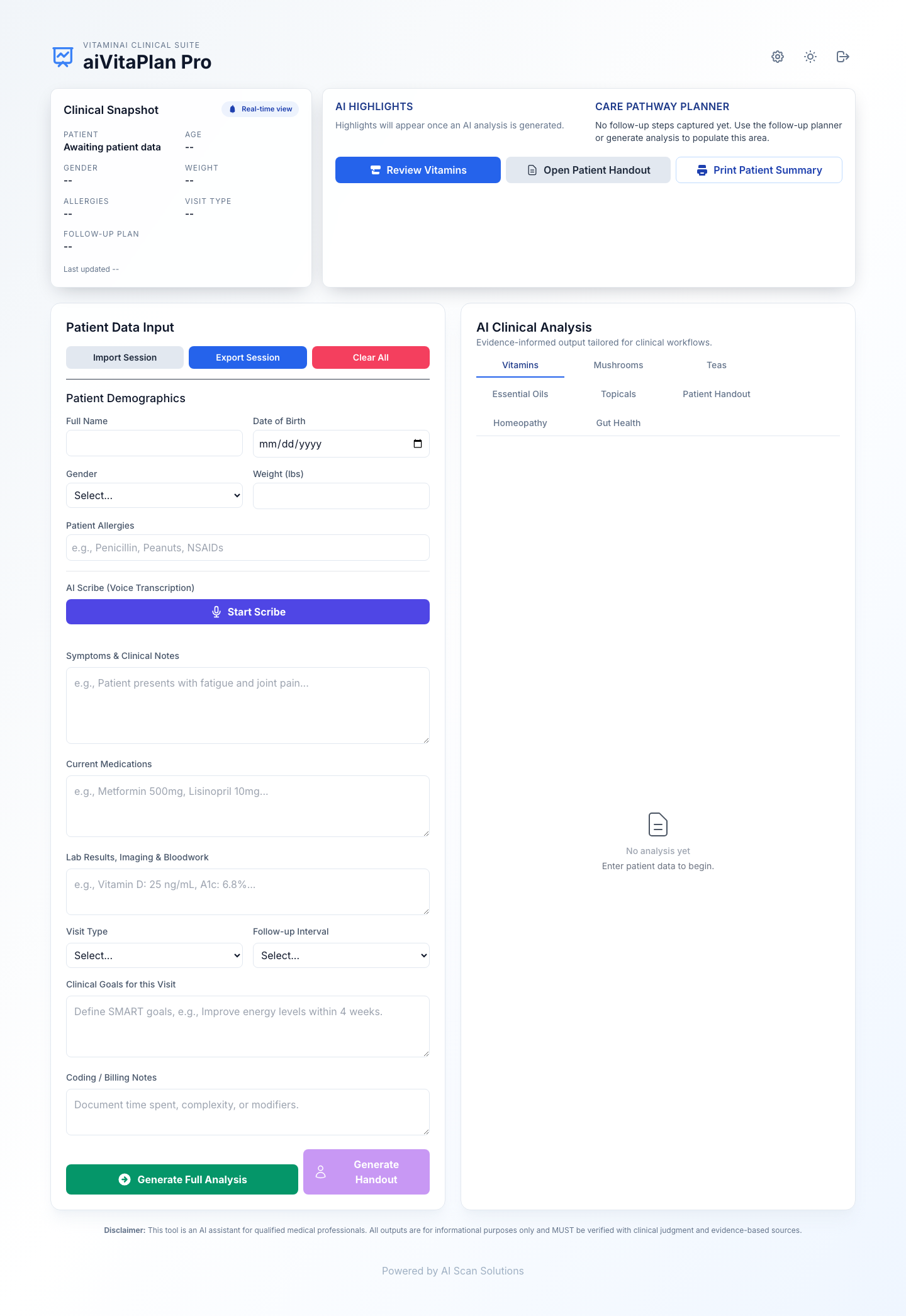 aiVitaPlan clinical dashboard screenshot