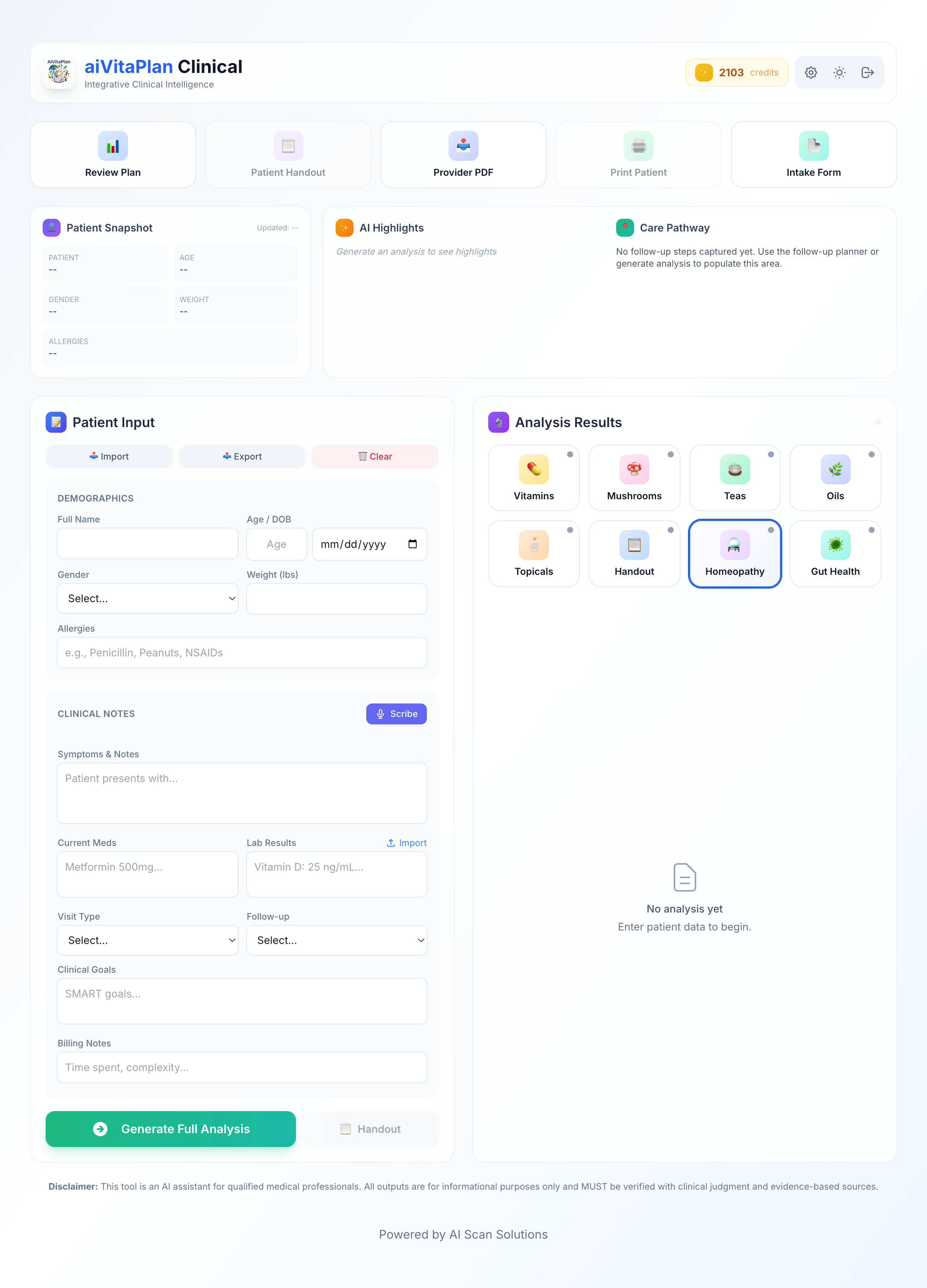 aiVitaPlan patient data input and clinical analysis dashboard